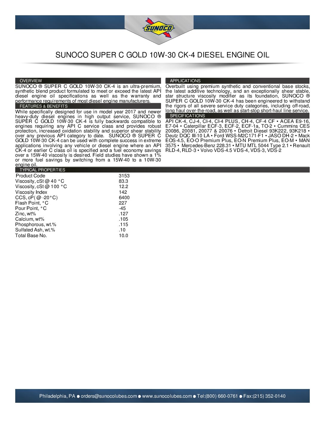 Sunoco Pdf SUNOCO SUPER C GOLD 10W-30 CK-4 DIESEL ENGINE OIL - Sunoco Lubricants